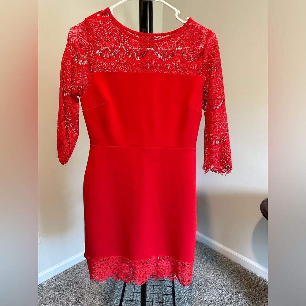 Red lace sleeve dress